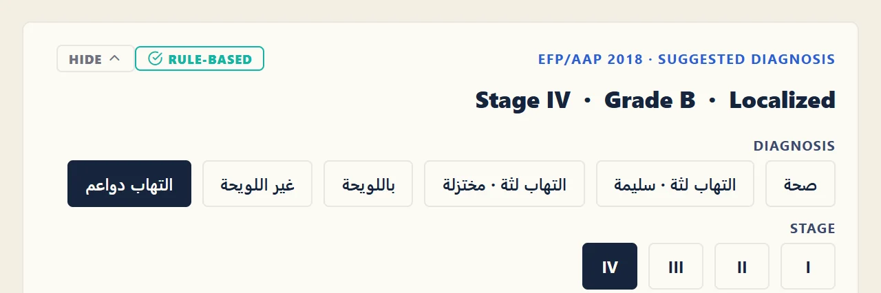 بطاقة التشخيص المقترح: التصنيف الرابع، الدرجة B، موضعي، ويؤكّده الطبيب أو يعدّله.