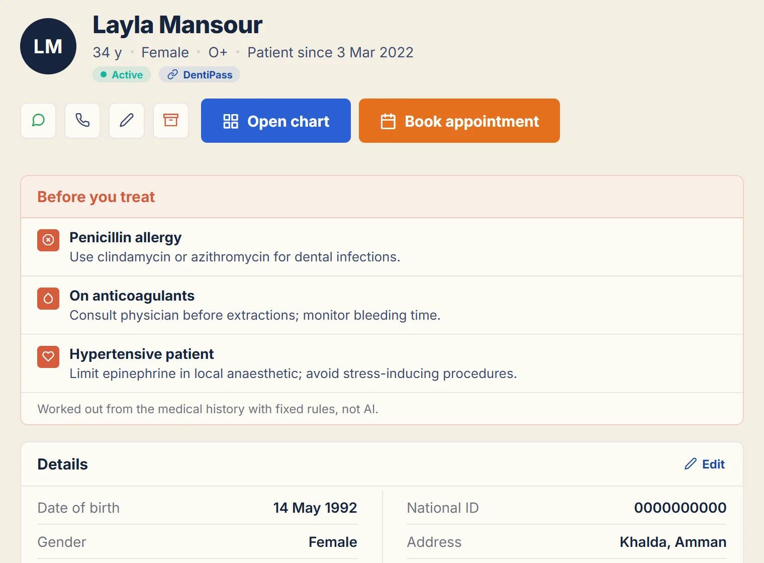 Real DentiPlan patient screen for a sample patient, Layla Mansour, with a Before you treat box warning about a penicillin allergy, blood thinners and high blood pressure.